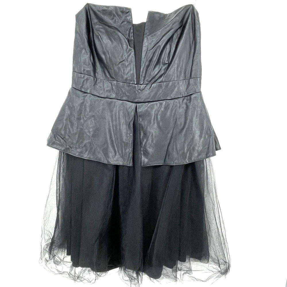 Fashion to Figure Dress Black Size 2X Tulle Ruffle Peplum Strapless Faux Leather